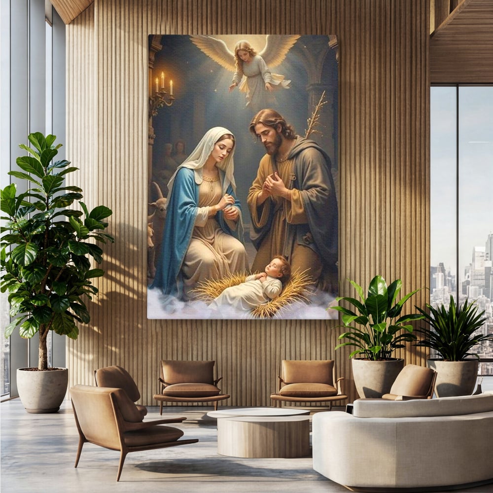 Tablou canvas cu tablou canvas cu sfanta familie si inger, fara rama, pe sasiu de lemn, pe perete intr-un birou